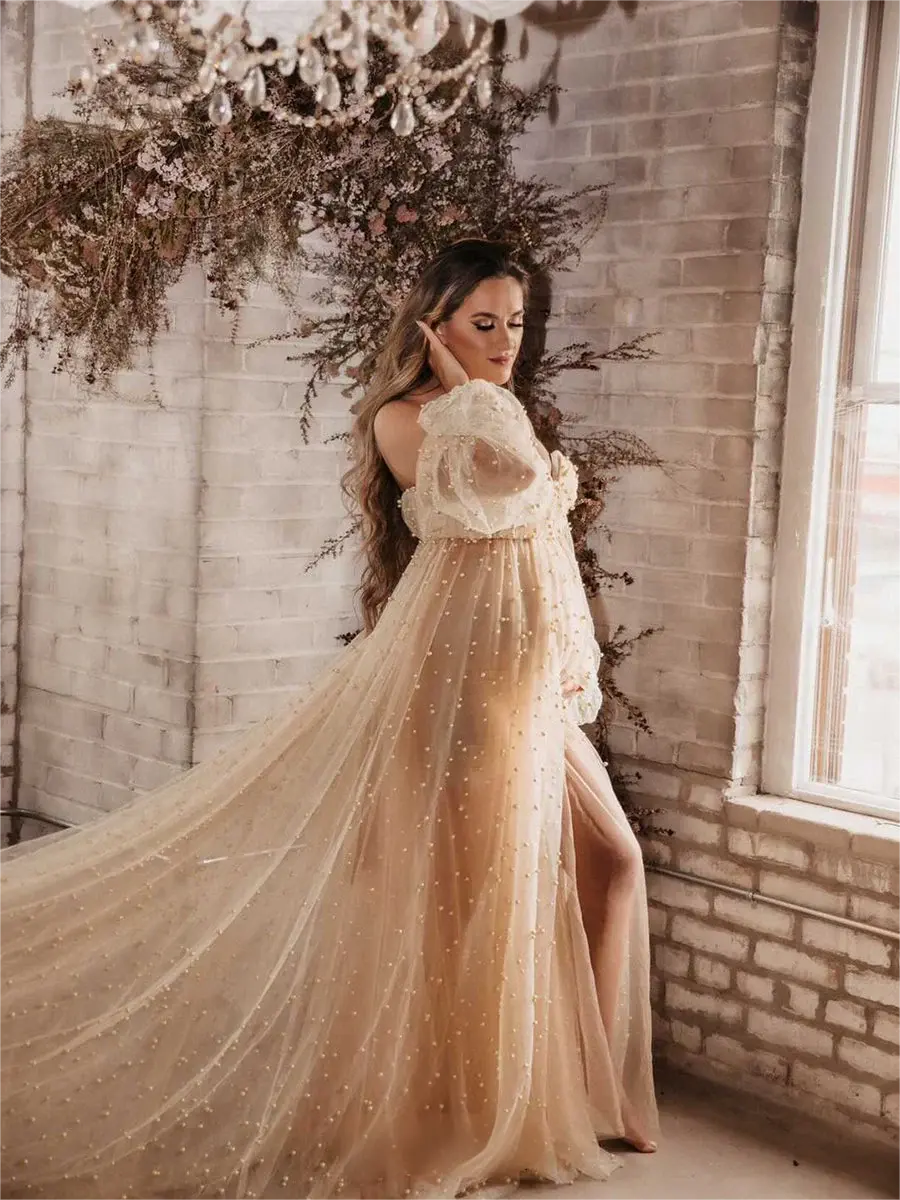 Off Shoulder Pearls Maternity Dress with Sleeves Photoshoot Dresses for Ladies