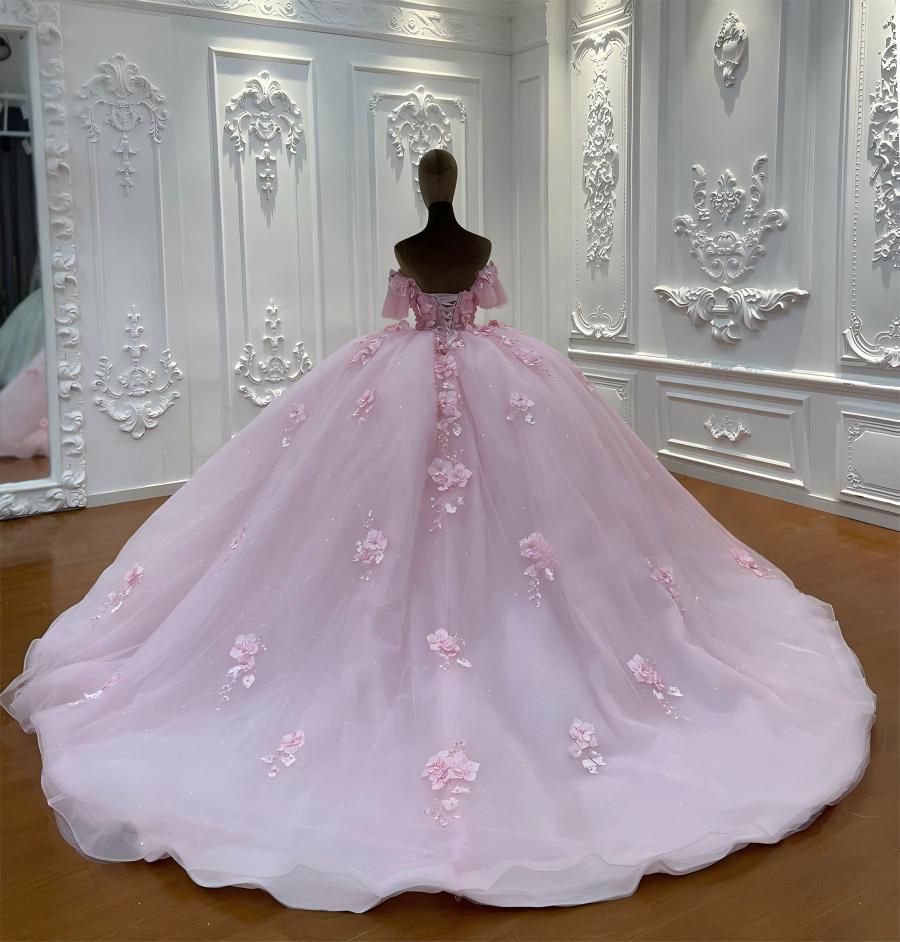 Off-Shoulder Pink Quinceanera Dress Tulle 3D Flower Wedding Dress