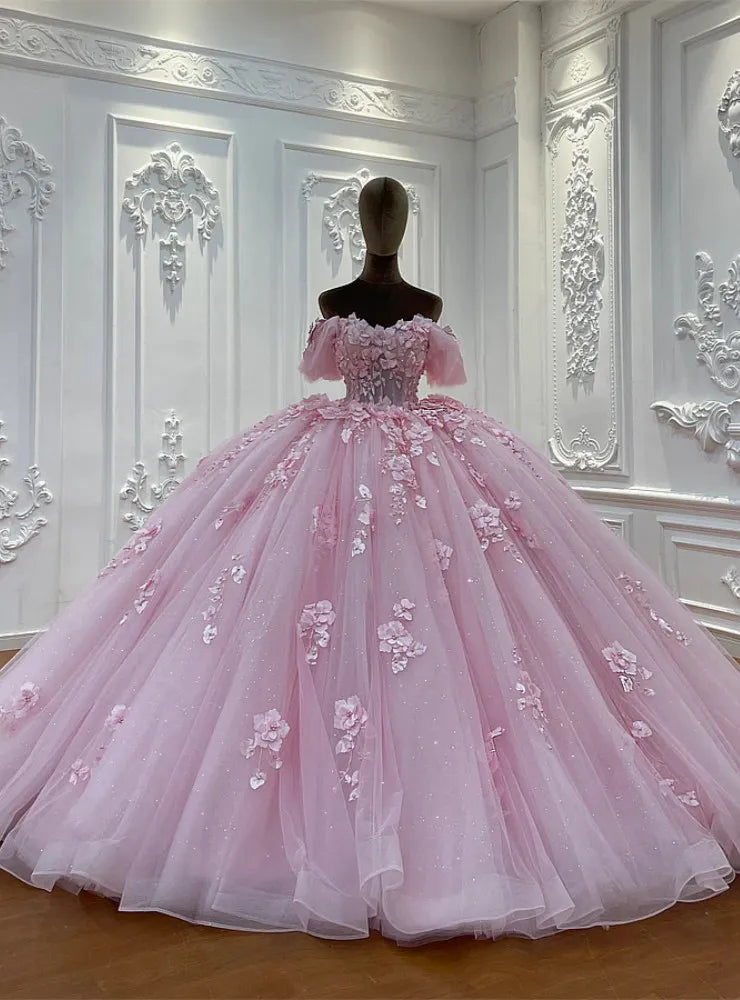 Off-Shoulder Pink Quinceanera Dress Tulle 3D Flower Wedding Dress