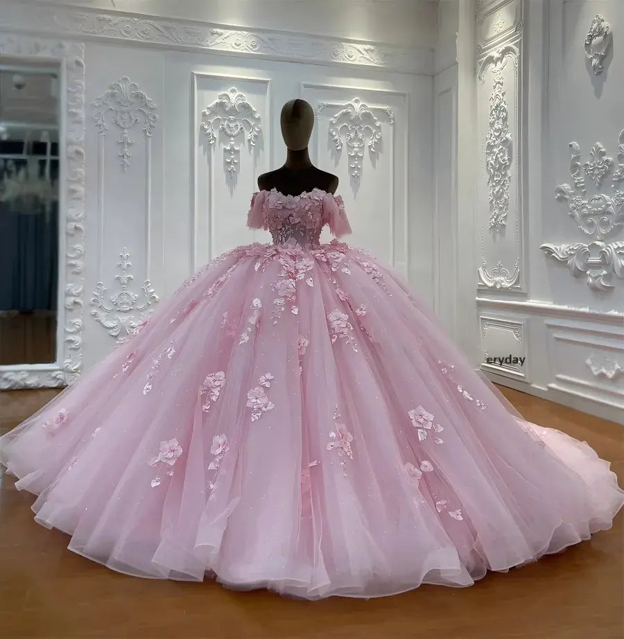 Off-Shoulder Pink Quinceanera Dress Tulle 3D Flower Wedding Dress