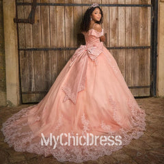 Off Shoulder Quinceanera Pink Dresses Lace Backless with Bow