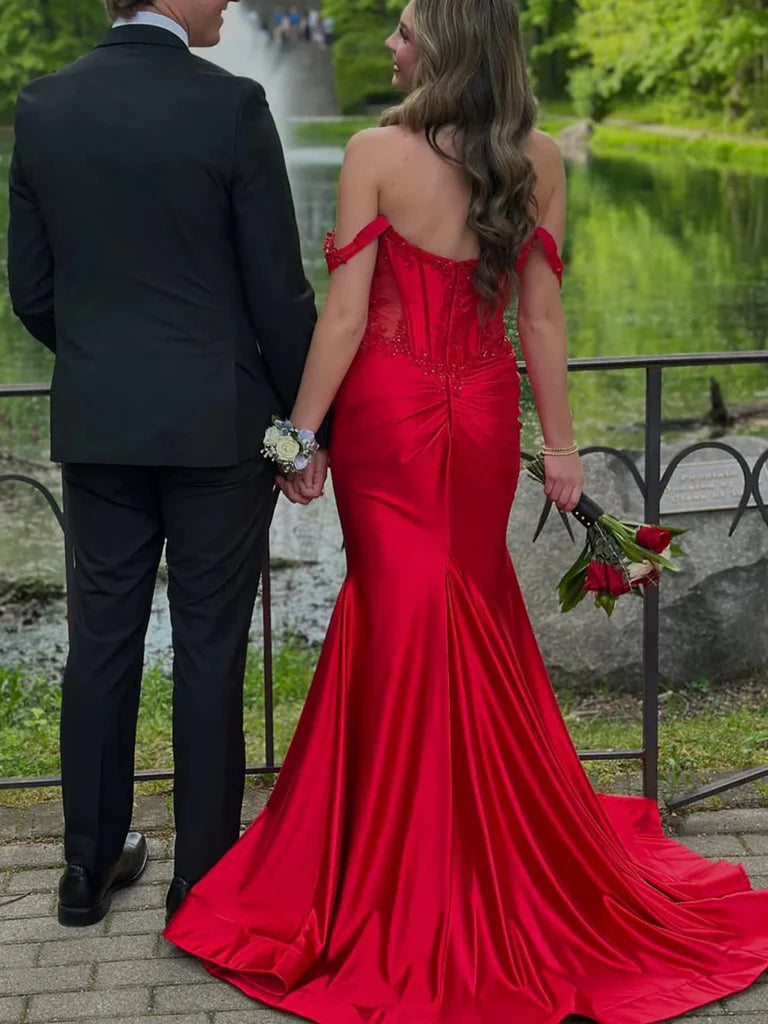 Off Shoulder Red Formal Dress Lace Mermaid Satin Prom Dresses Mychicdress