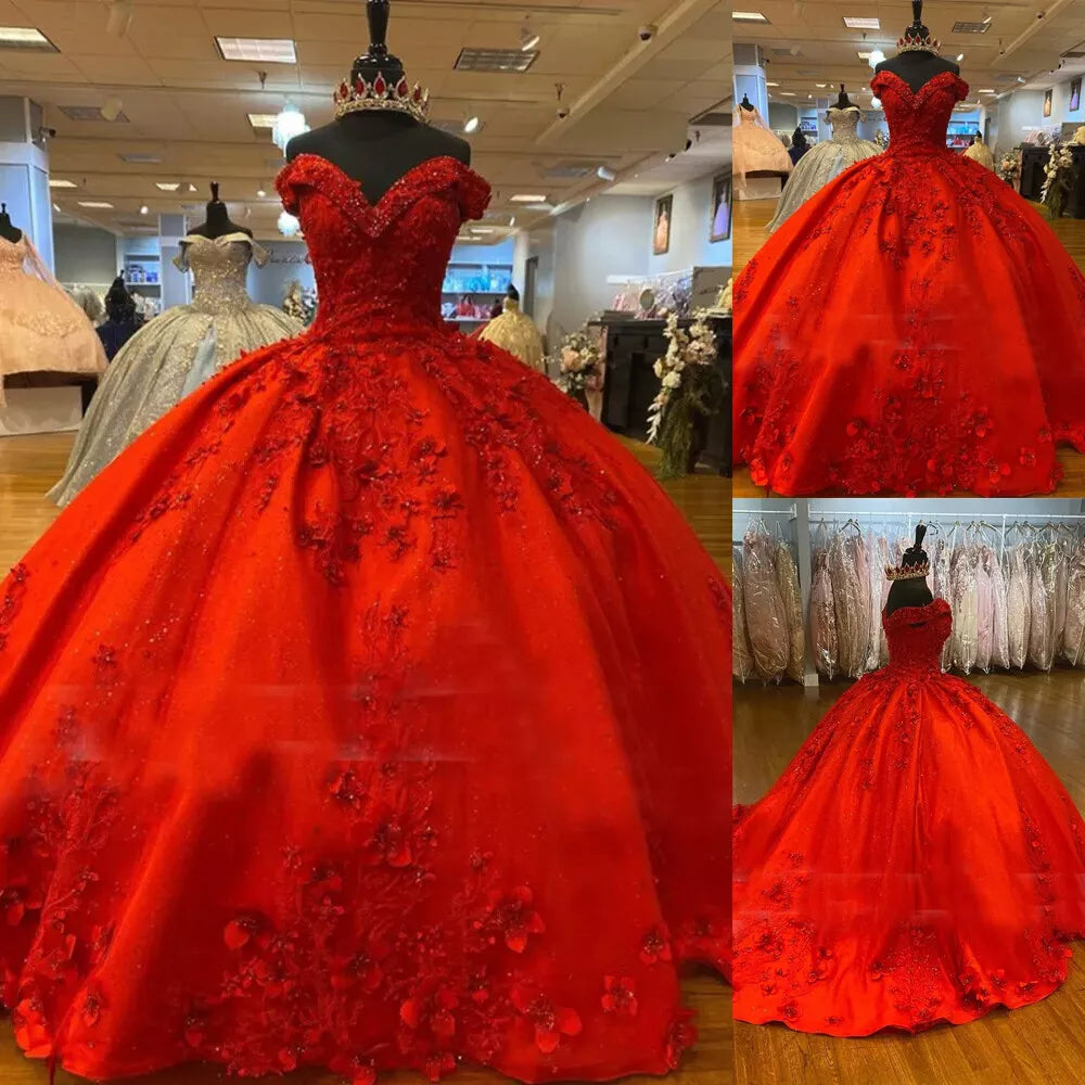 Cheap Off Shoulder Red Sweet 16 Quinceanera Dresses with Lace Applique Mychicdress