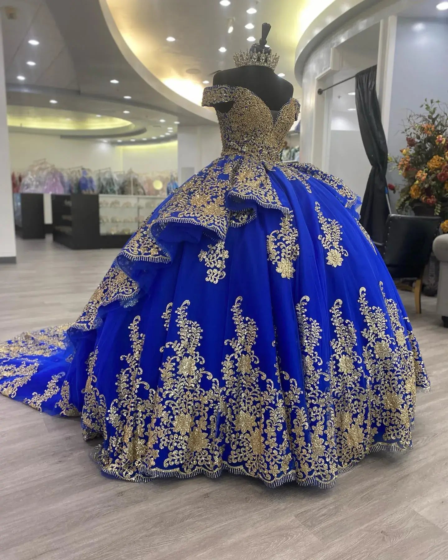 Off-Shoulder Dark Green Gold Corset Quinceanera Dress Ball Gown Tulle