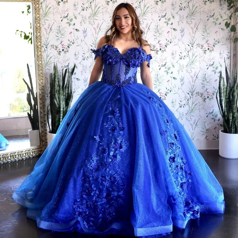 Ball Gown Off-Shoulder Royal Blue Quinceñeara Dresses with Floral Appliqué