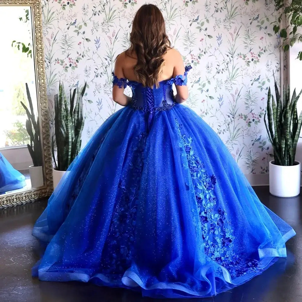 Ball Gown Off-Shoulder Royal Blue Quinceñeara Dresses with Floral Appliqué