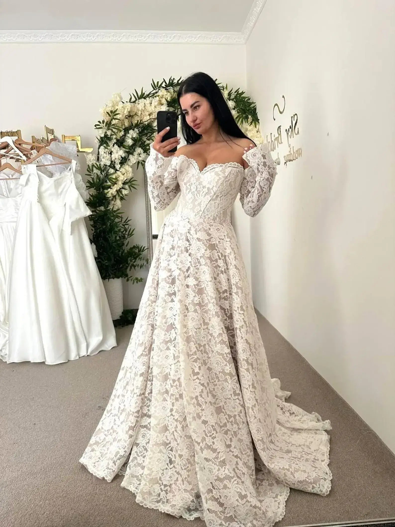 Off Shoulder Rustic Boho Lace Country Wedding Dress Long Sleeved