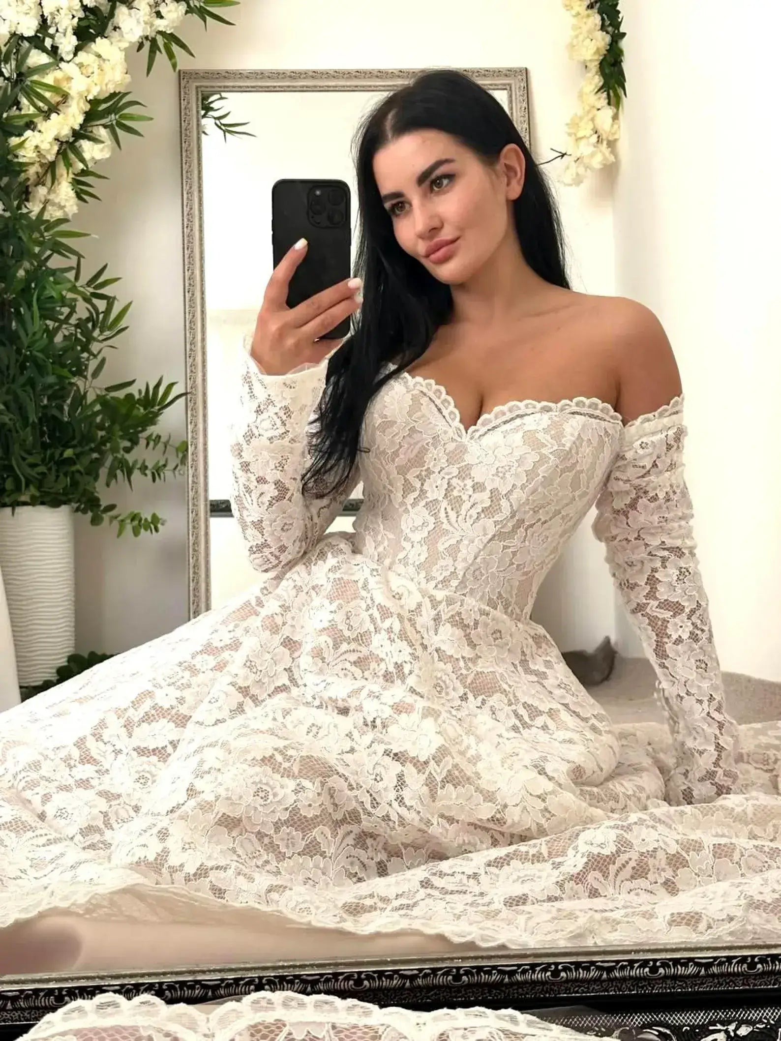 Off Shoulder Rustic Boho Lace Country Wedding Dress Long Sleeved