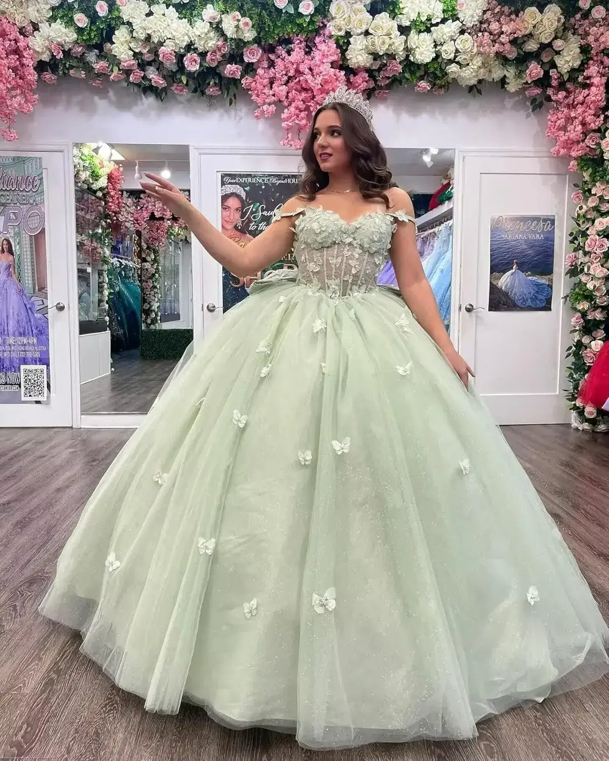 Off Shoulder Sage Green Corset Quinceanera Dresses Butterfly with Bow