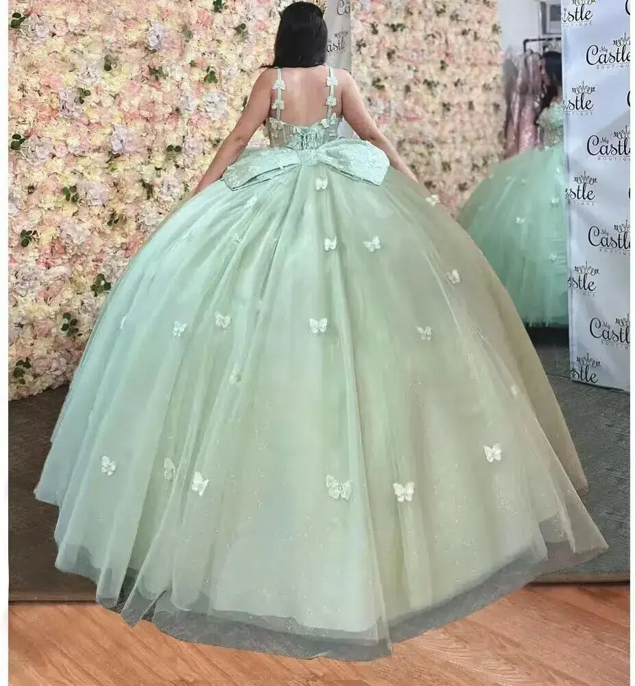 Off Shoulder Sage Green Corset Quinceanera Dresses Butterfly with Bow
