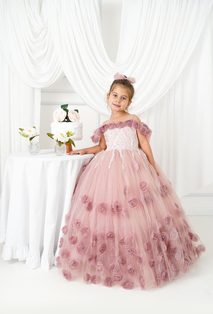 Puffy Off-Shoulder Tulle Blush Pink Flower Girl Dress with 3D Flowers