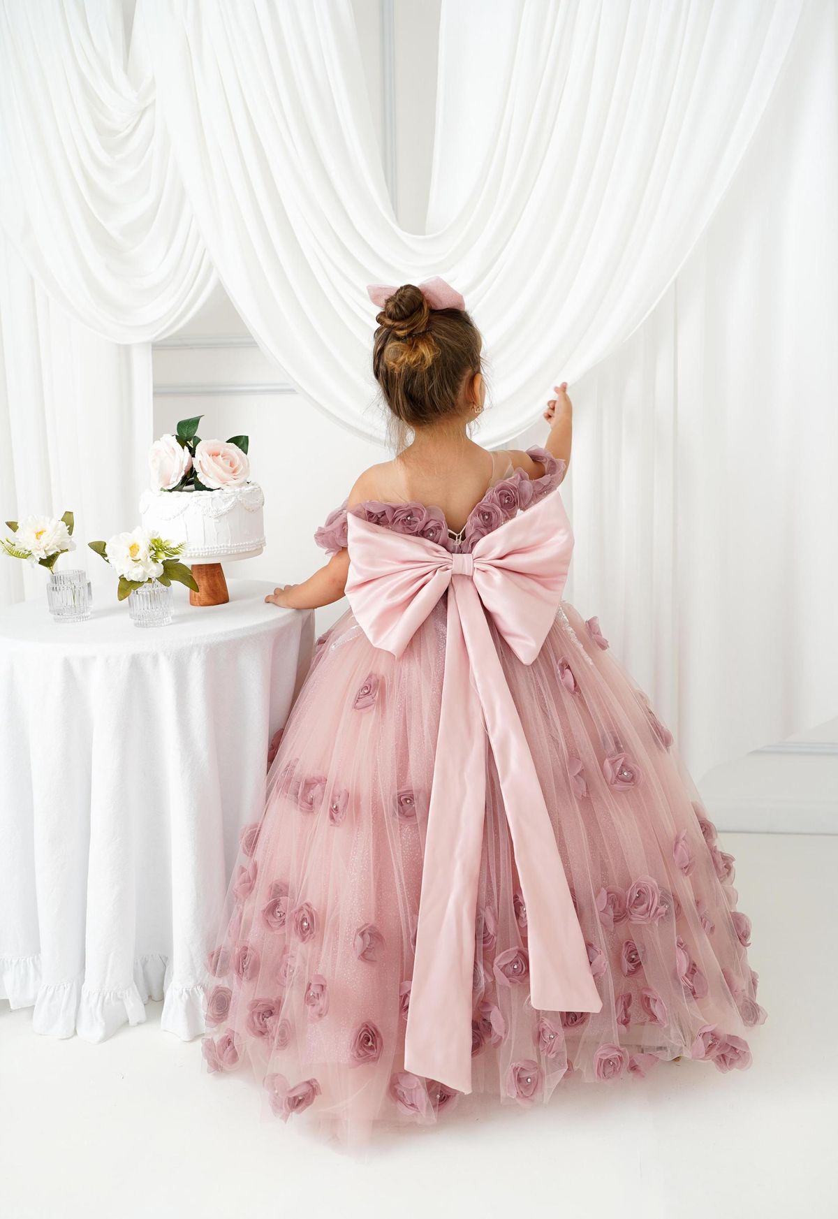Puffy Off-Shoulder Tulle Blush Pink Flower Girl Dress with 3D Flowers