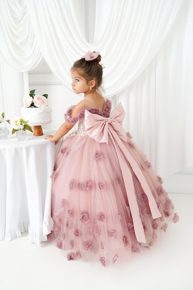 Puffy Off-Shoulder Tulle Blush Pink Flower Girl Dress with 3D Flowers
