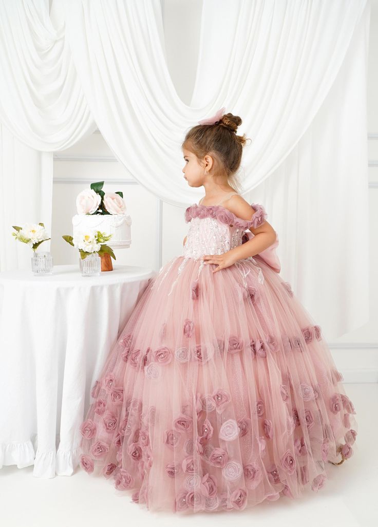 Puffy Off-Shoulder Tulle Blush Pink Flower Girl Dress with 3D Flowers