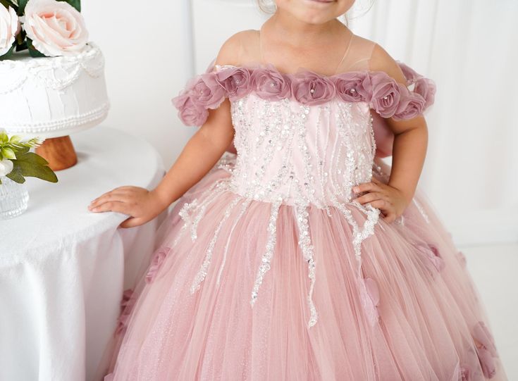 Puffy Off-Shoulder Tulle Blush Pink Flower Girl Dress with 3D Flowers
