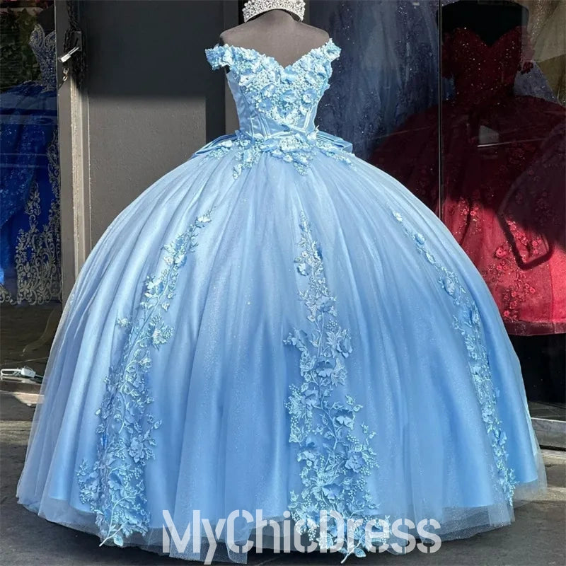 Off Shoulders Blue Vestido De 15 Anos 15 Xv Dress with Lace Appliques Mychicdress
