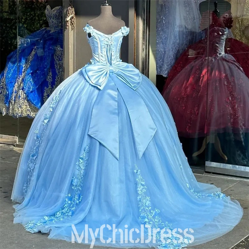 Off Shoulders Blue Vestido De 15 Anos 15 Xv Dress with Lace Appliques Mychicdress
