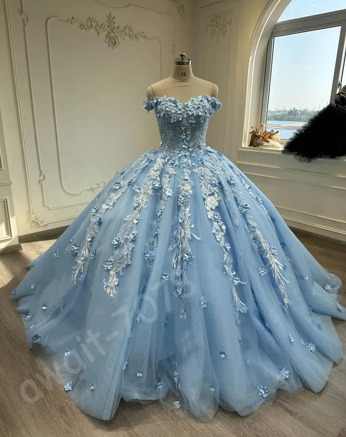 Off The Shoulder Ball Gown Blue Sweet 16 Dresses 3D Flowers