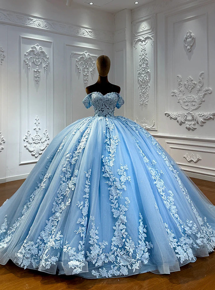 Off the Shoulder Blue Wedding Dress Trend Lace Tulle Sweet 16 Dress