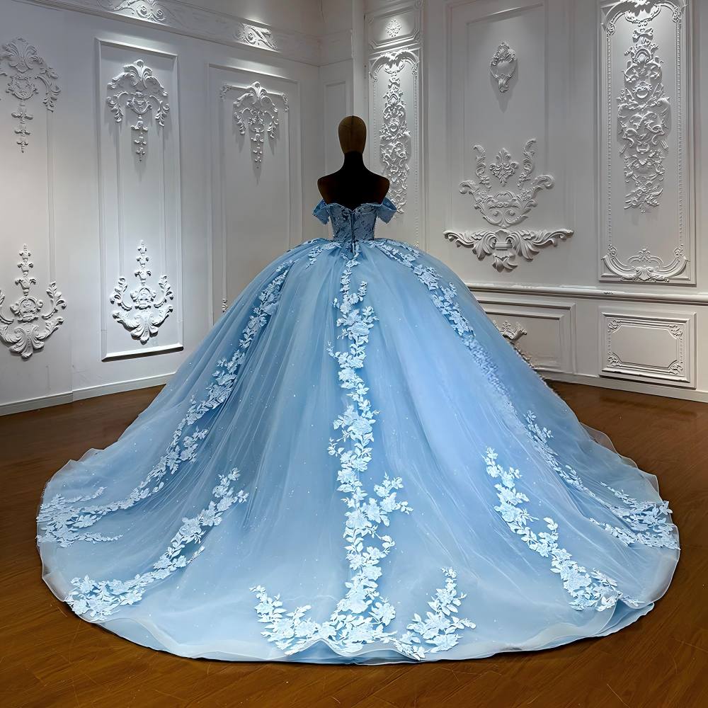 Off the Shoulder Blue Wedding Dress Trend Lace Tulle Sweet 16 Dress