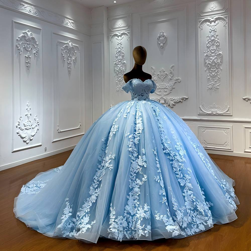 Off the Shoulder Blue Wedding Dress Trend Lace Tulle Sweet 16 Dress