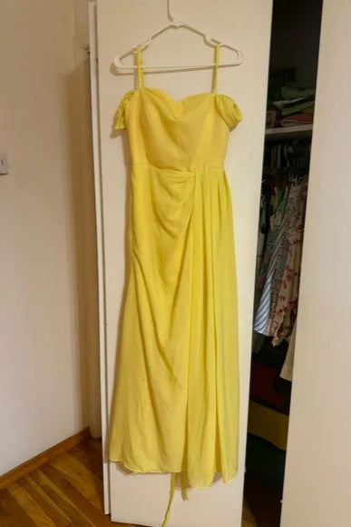Off the Shoulder Chiffon Yellow Bridesmaid Wedding Maxi Dress with Slit
