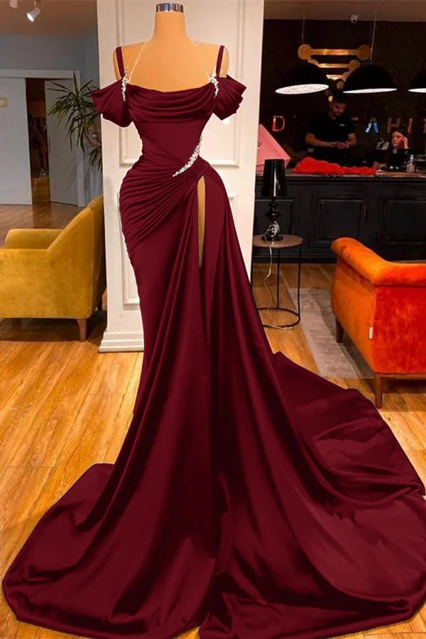 Burgundy evening gown Off-the-Shoulder Corset Emerald Prom Dress Long Beaded Slit