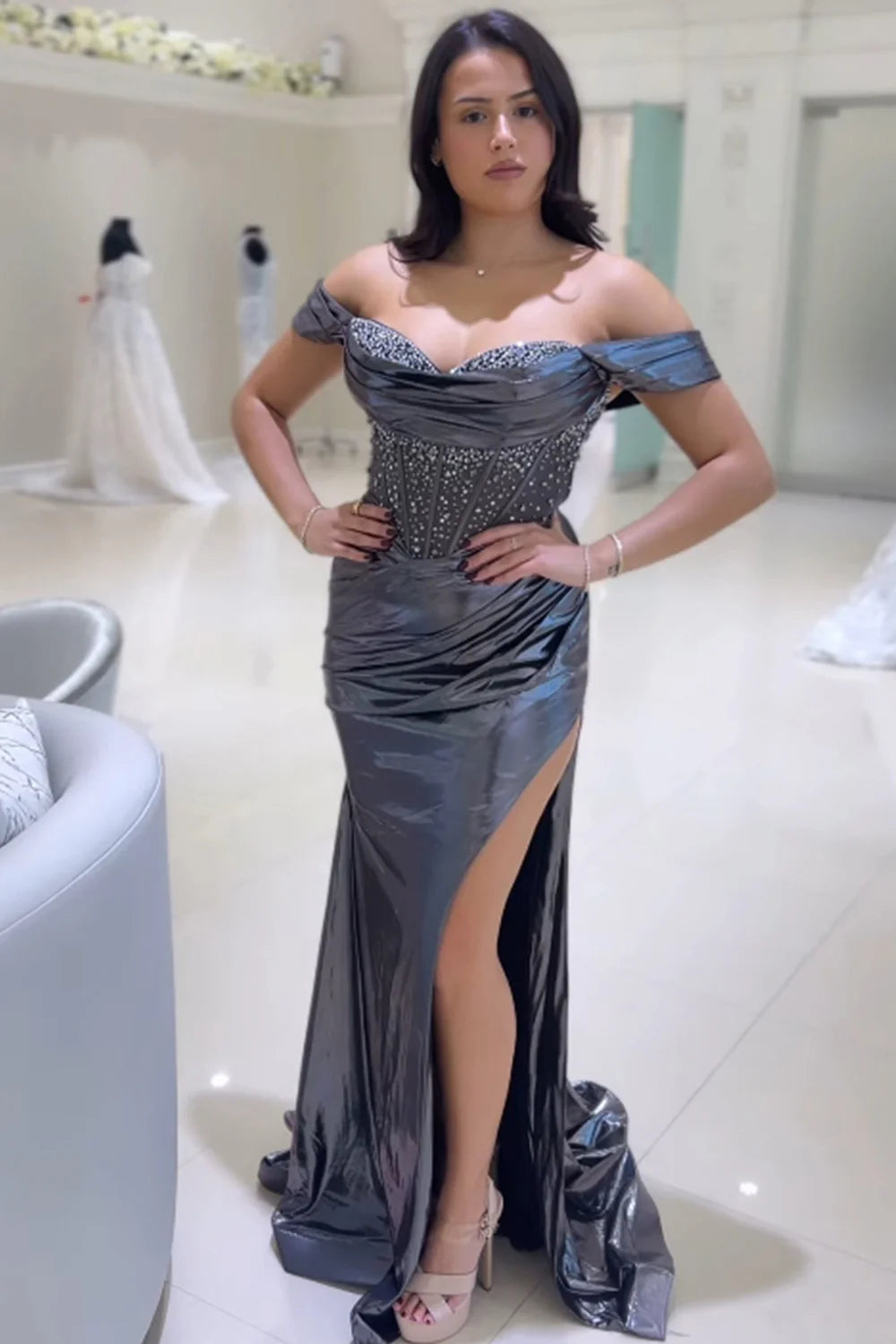Off The Shoulder Corset Grey Prom Dress Beaded Pleated with Slit