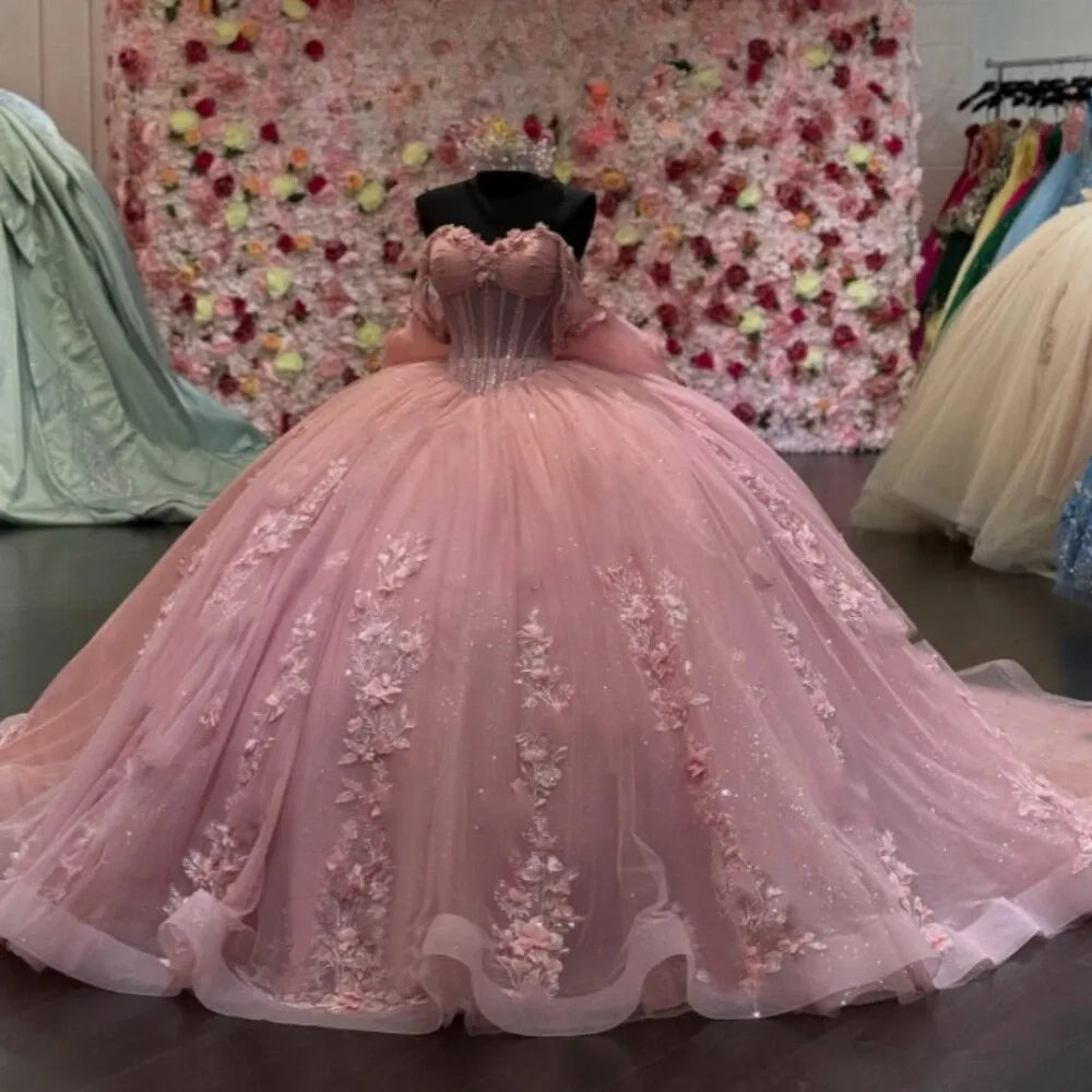Off the shoulder Flowers Light Pink Quinceanera Dress for Sweet 16