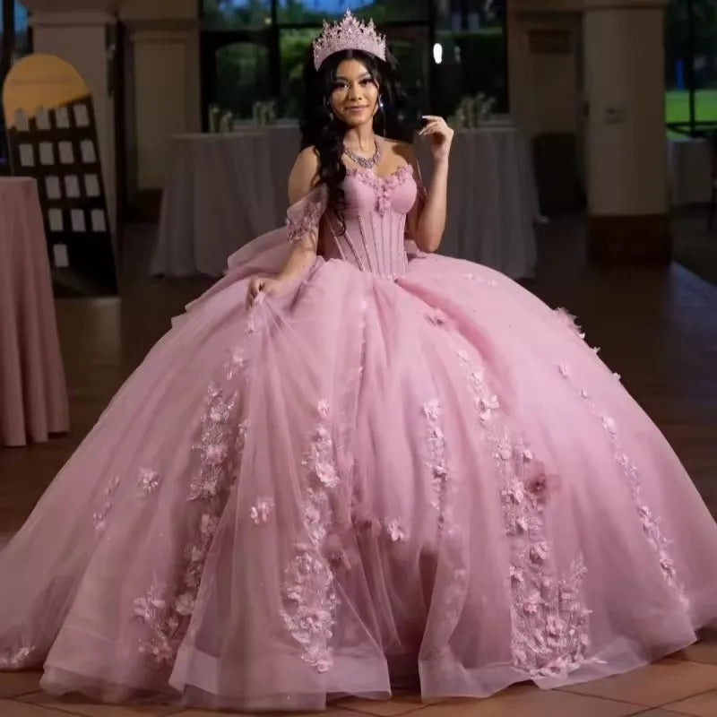 Off the shoulder Flowers Pink Quinceanera Dress for Sweet 16