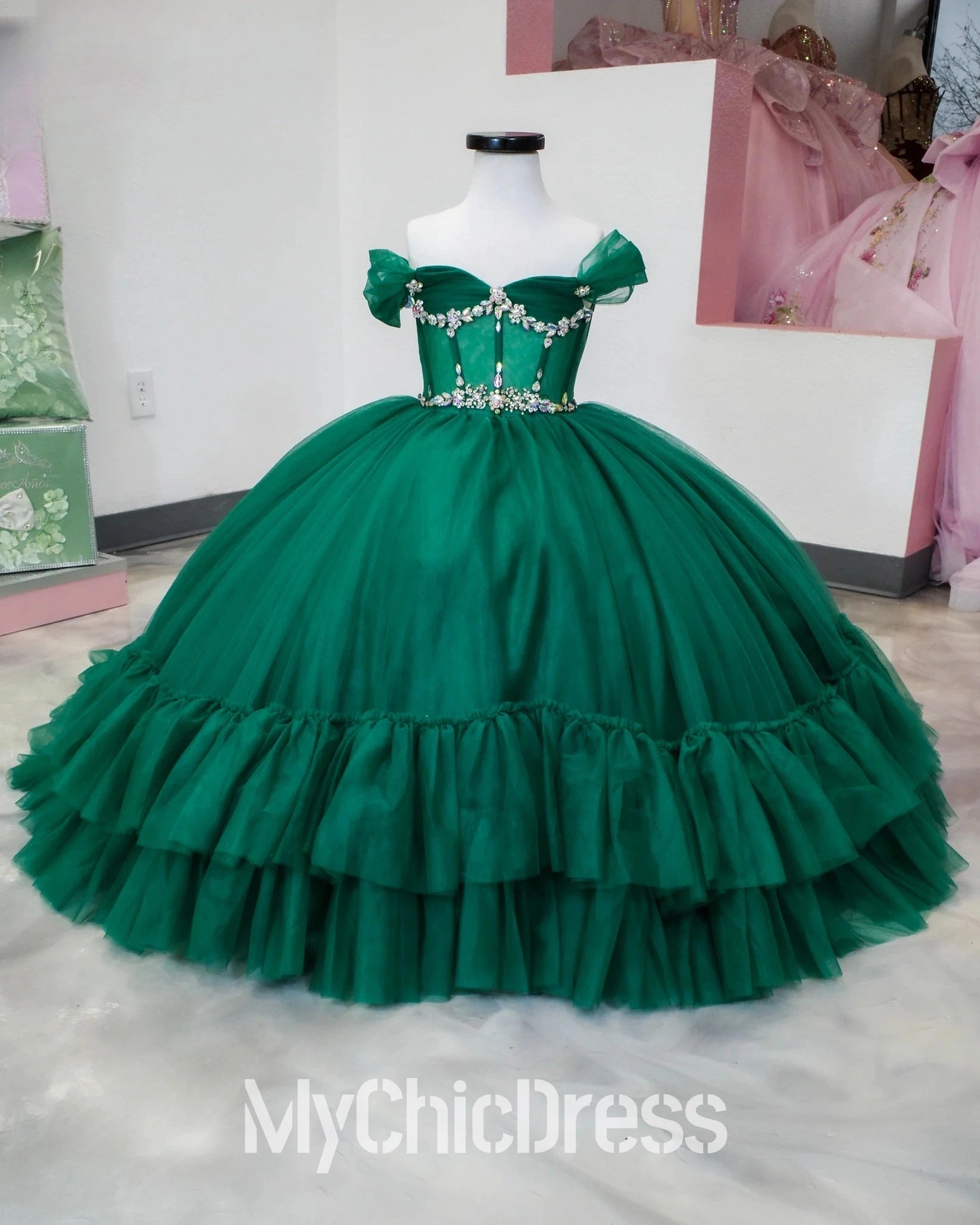 Off the Shoulder Green Girls Mini Quinceanera Dress with Rhinestones Mychicdress