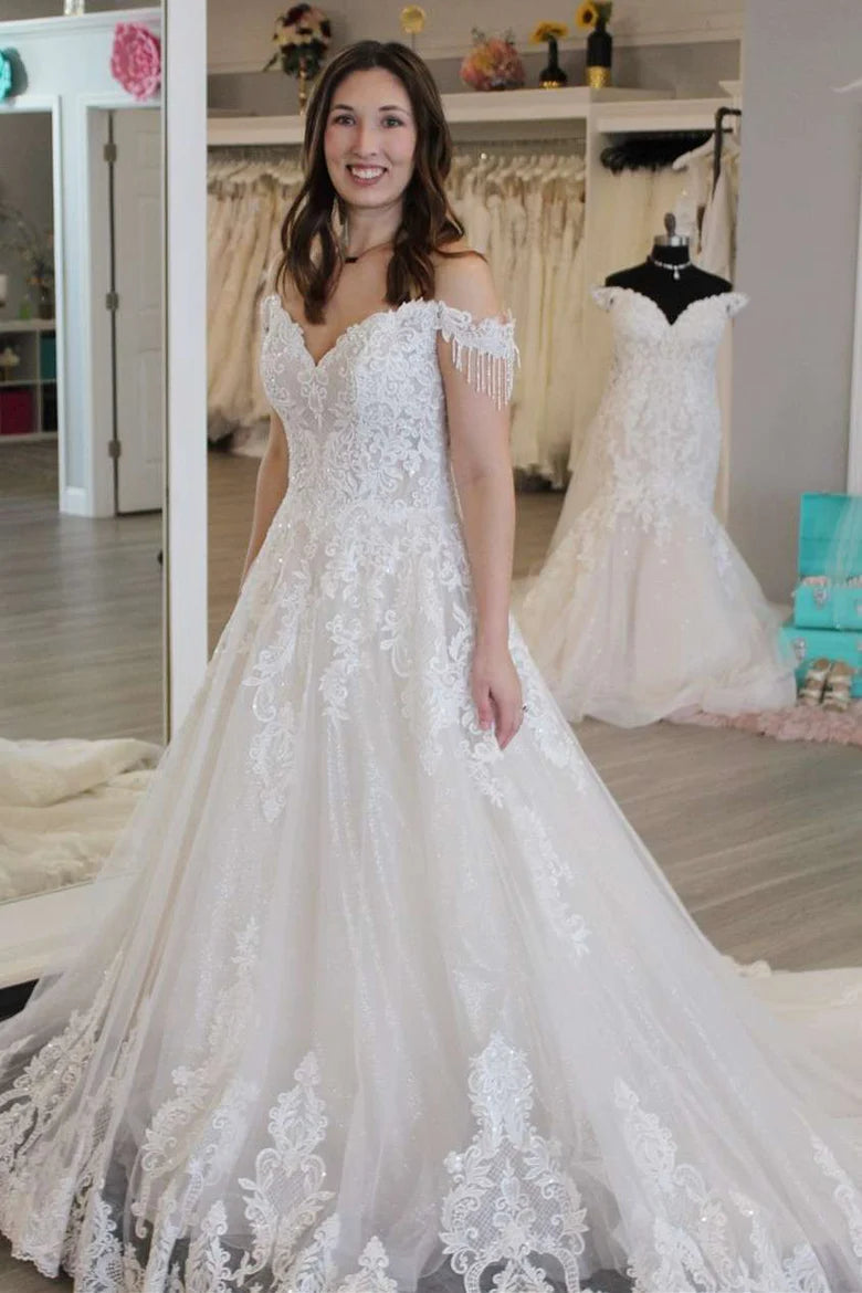 Off-the-Shoulder Lace White Wedding Dress A-Line Ethereal Bridal Gown