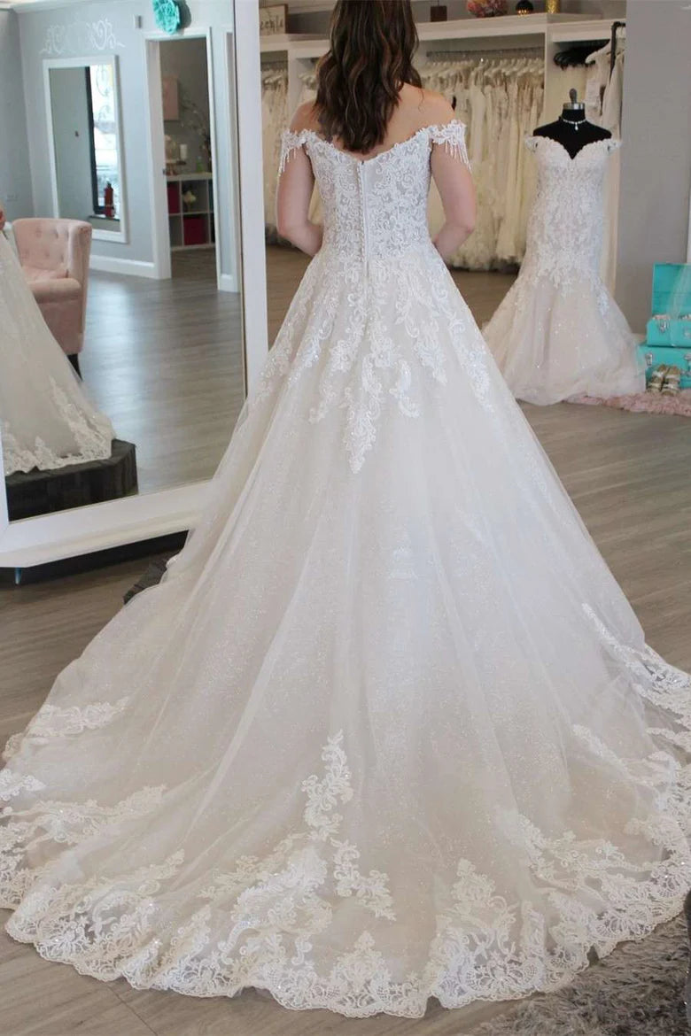 Off-the-Shoulder Lace White Wedding Dress A-Line Ethereal Bridal Gown