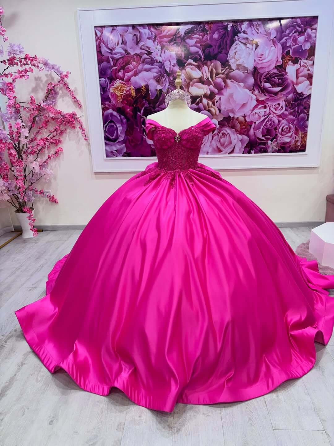 Off the Shoulder Satin Fuchsia Quince Dress Lace With Bow
