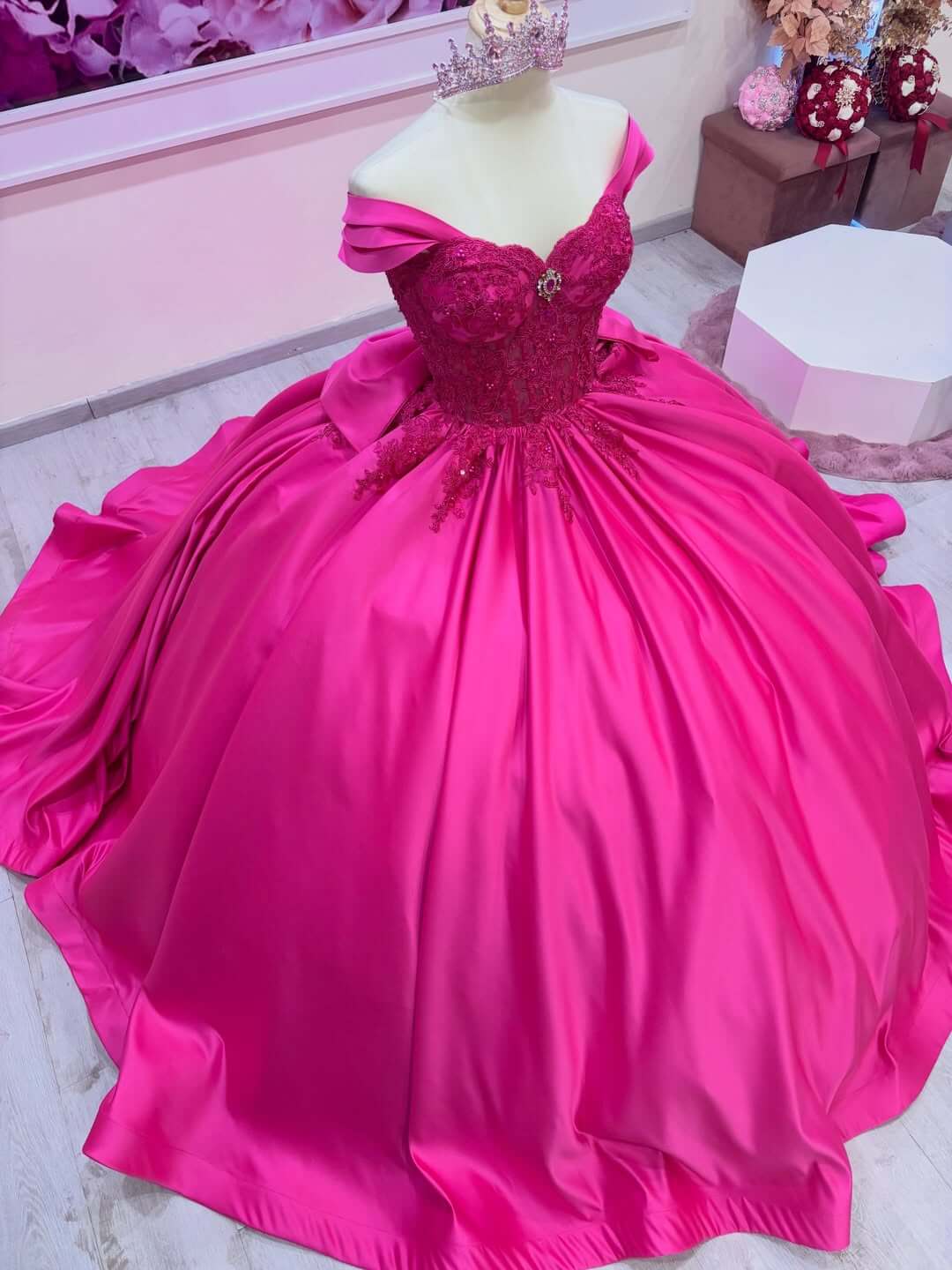 Off the Shoulder Satin Fuchsia Quince Dress Lace With Bow