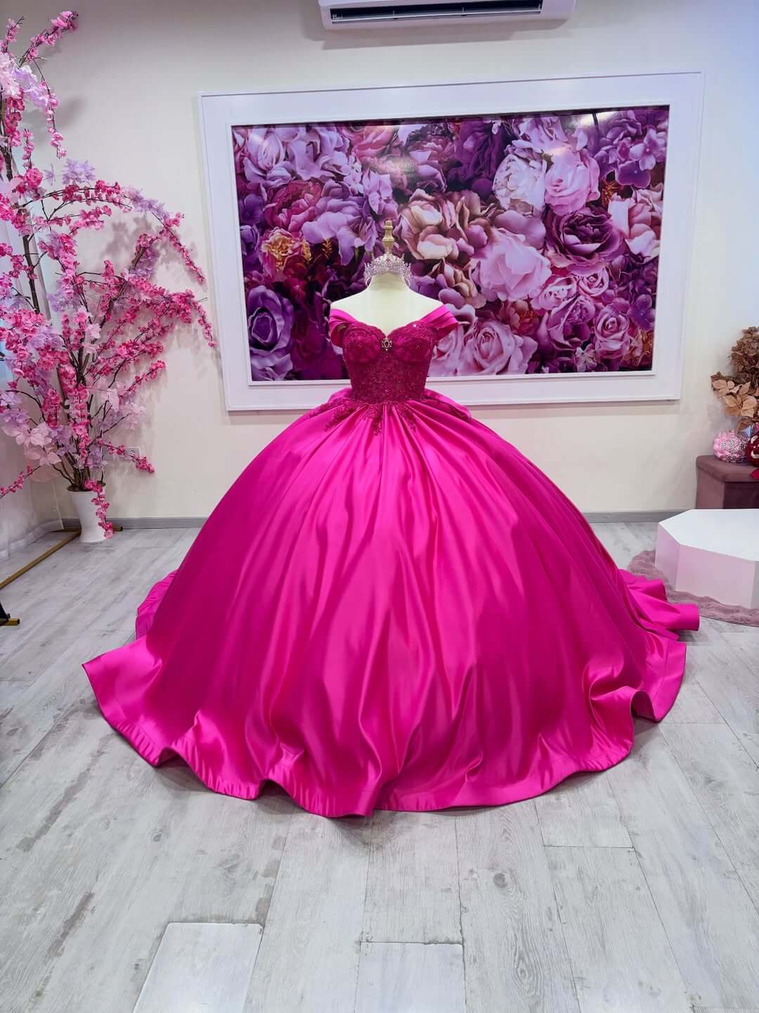 Off the Shoulder Satin Fuchsia Quince Dress Lace With Bow