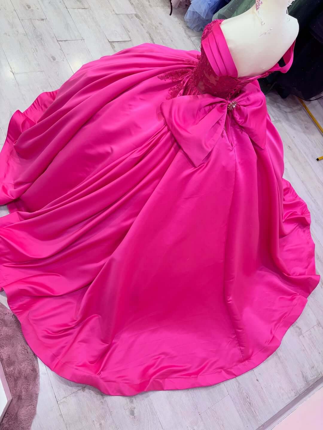 Off the Shoulder Satin Fuchsia Quince Dress Lace With Bow