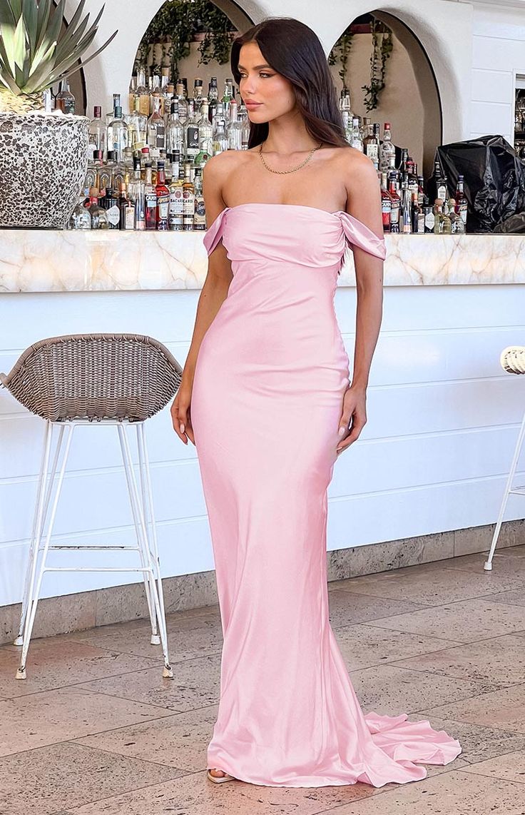Off The Shoulder Satin Pink Evening Dress UK Floor length Mermaid Mychicdress