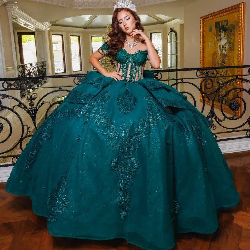 Off The Shoulder Sequin Lace Green Quinceanera Dresses Applique Beads