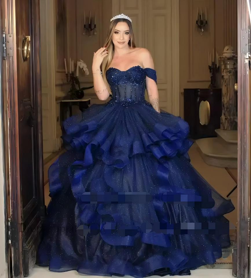 Off the Shoulder Shiny Navy blue Corset Quinceanera Dresses for Girls