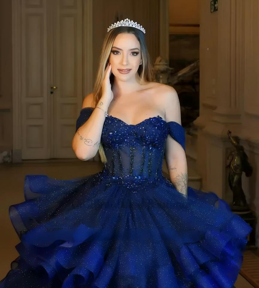 Off the Shoulder Shiny Navy blue Corset Quinceanera Dresses for Girls