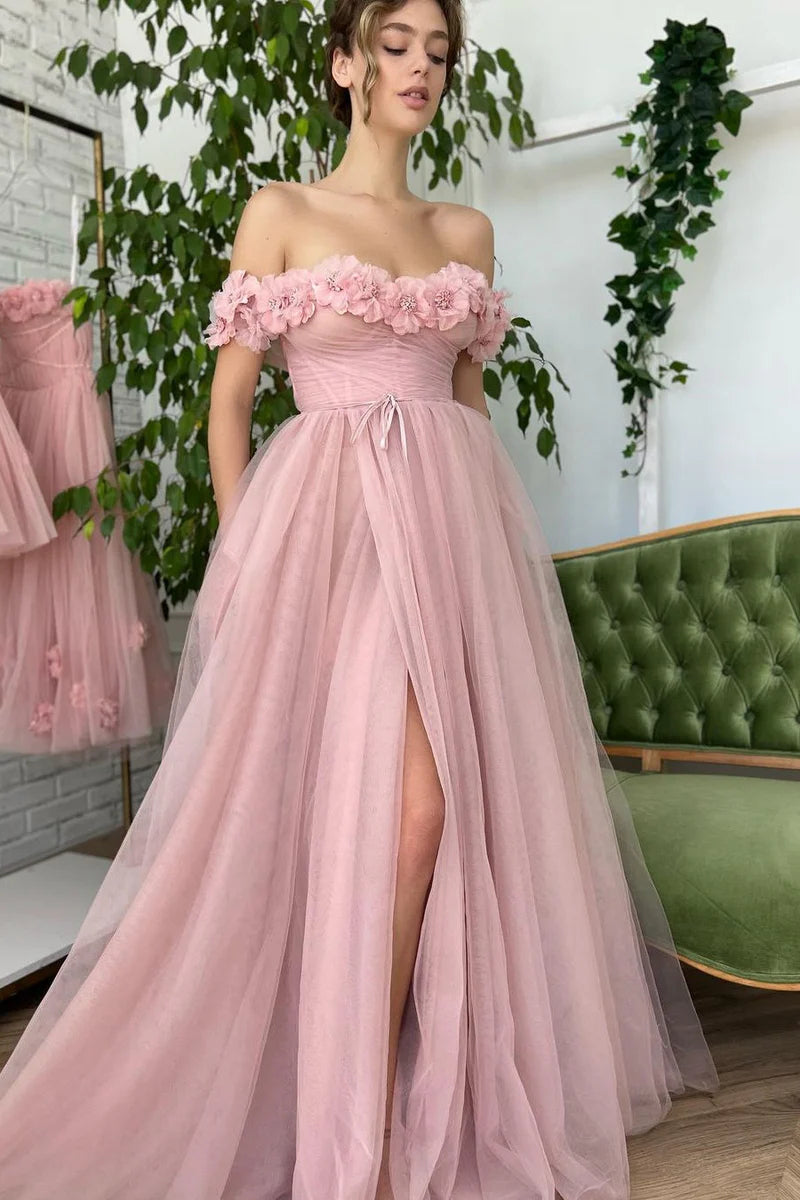 Off the Shoulder Tulle Pink Flowes Formal Dress with High Split