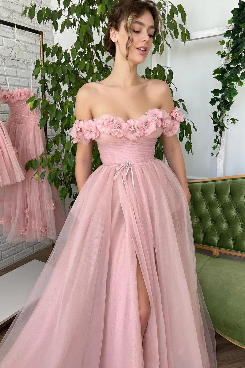 Off the Shoulder Tulle Pink Flowes Formal Dress with High Split