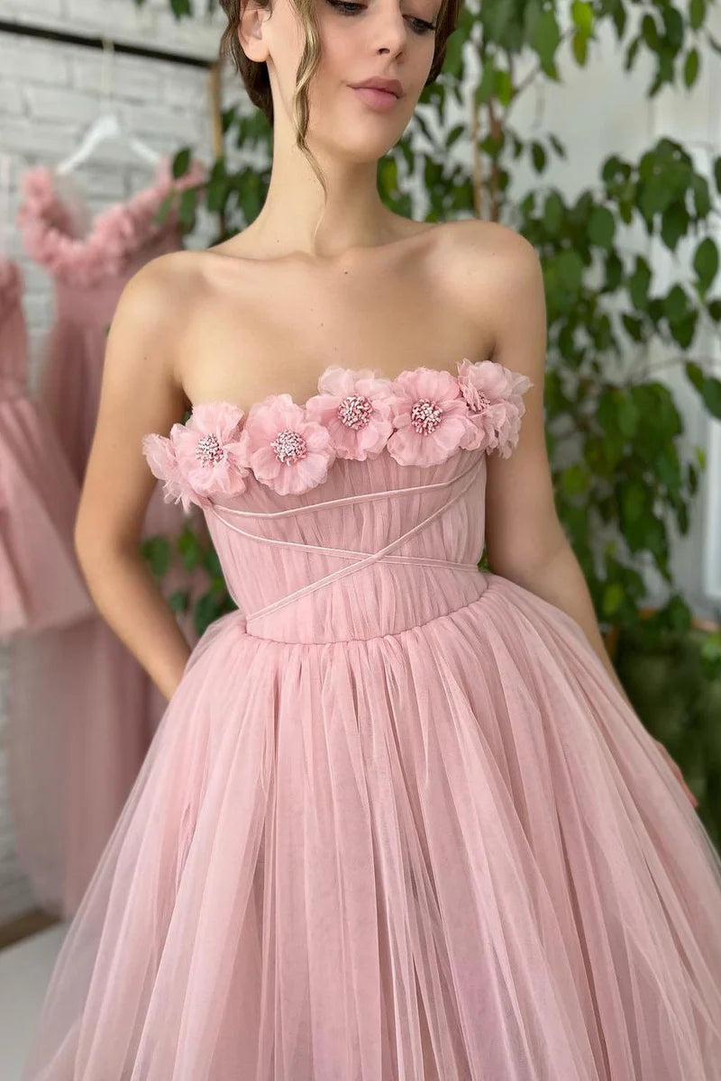 Off the Shoulder Tulle Pink Flowes Formal Dress with High Split