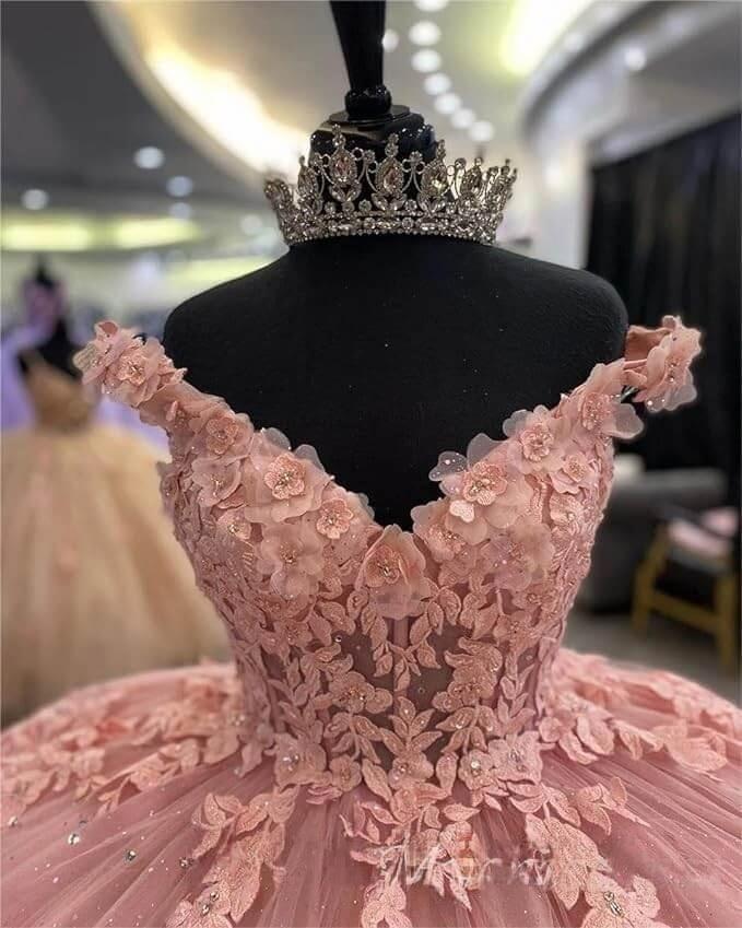 Off the Shoulder V Neck Quinceanera Dress Pink with Lace Applique