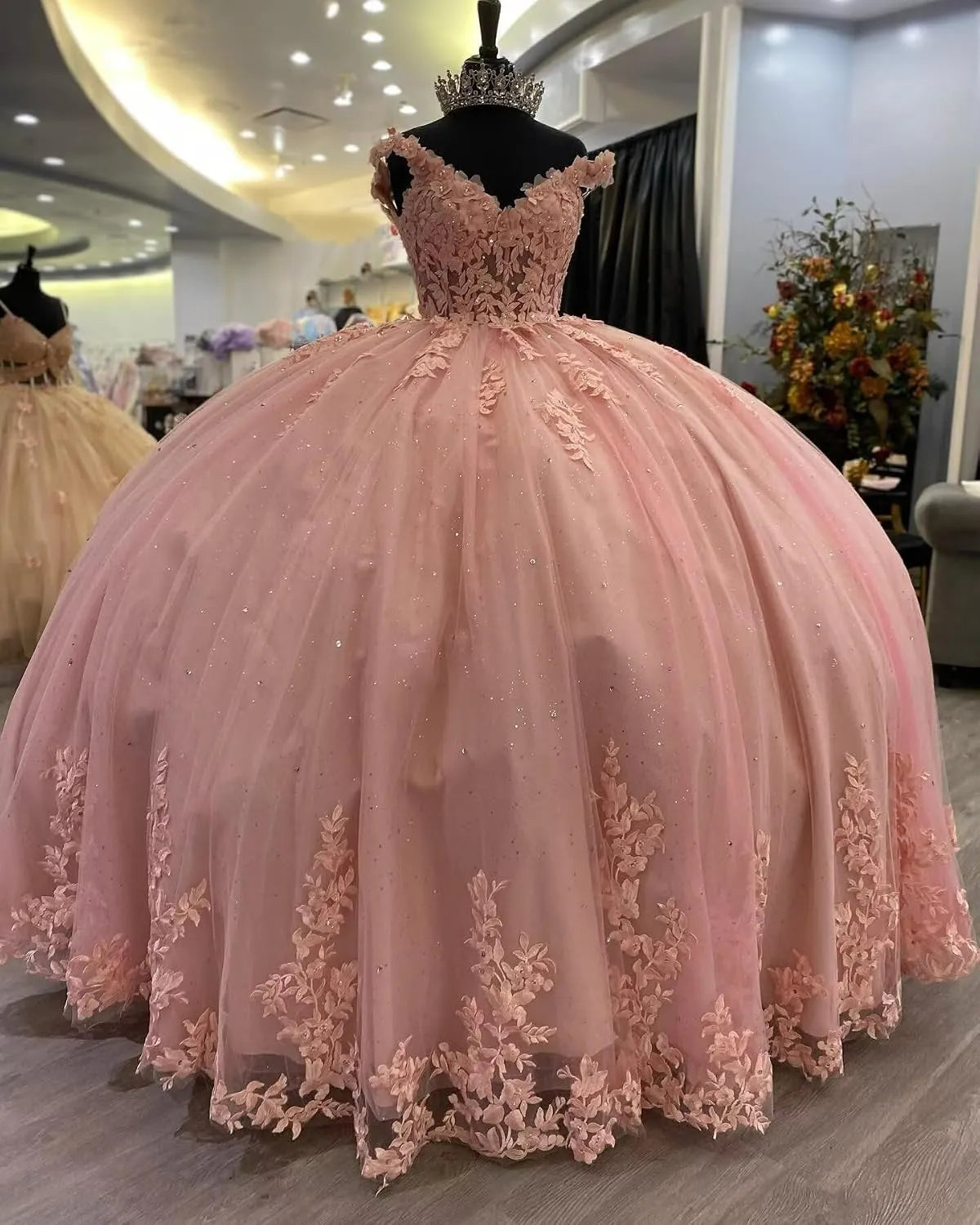 Off the Shoulder V Neck Quinceanera Dress Pink with Lace Applique