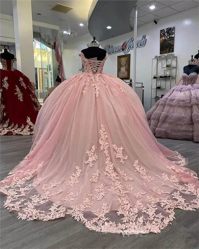 Off the Shoulder V Neck Quinceanera Dress Pink with Lace Applique