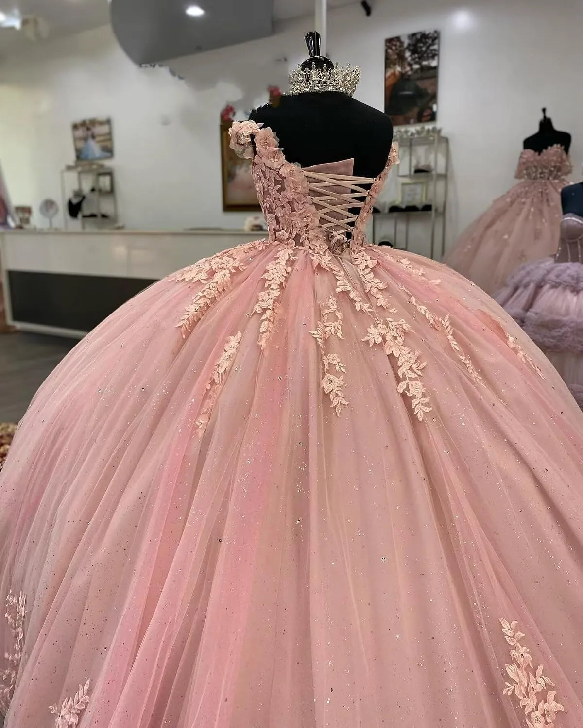 Off the Shoulder V Neck Quinceanera Dress Pink with Lace Applique