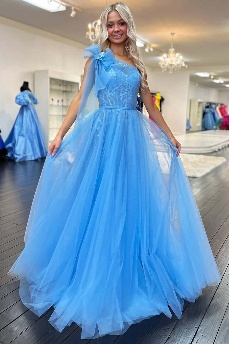 One-Shoulder Blue Evening Dress A-Line Long Prom Dress Bow Strap