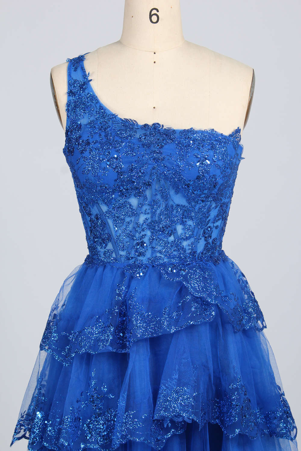 One-Shoulder Blue Sequin Homecoming Dress Short with Flared Skirt Mychicdress